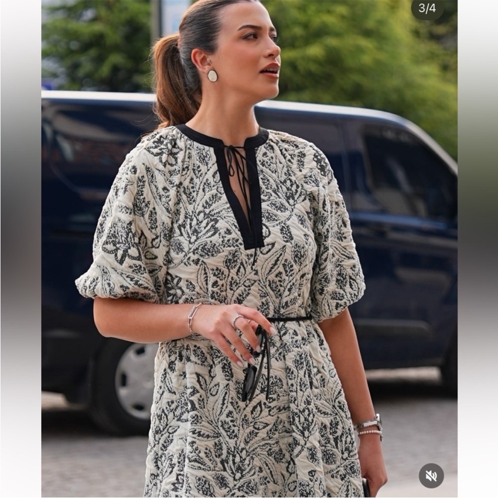 NWT Zara Black and White Jacquard Floral Dress - Picture 5 of 6
